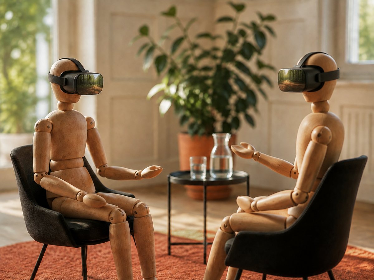 Zwei Holzfiguren mit VR-Brillen im Gespräch — Sinnbild für virtuelle Therapieformen
