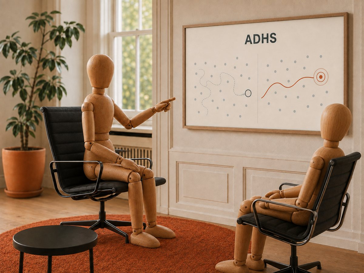 Holzfigur erklärt einer zweiten eine Tafel mit der Aufschrift ADHS — Sinnbild für Diagnostik bei Neurodivergenz